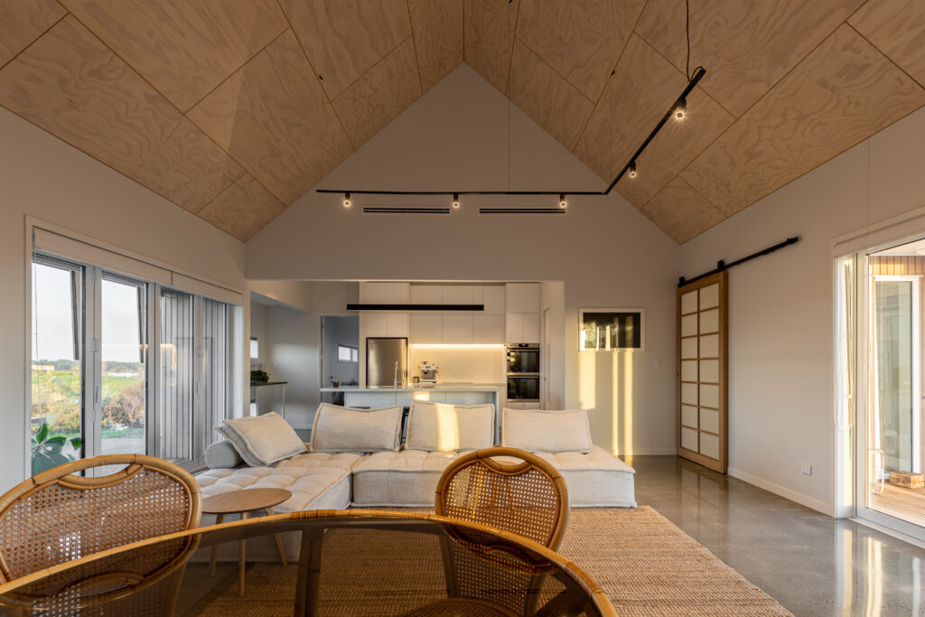 Modern living space with raking ceilings