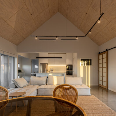 Modern living space with raking ceilings