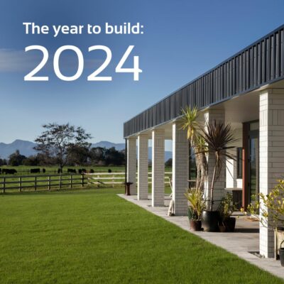 'The year to build:2024' with modern home overlooking lawn and farm land